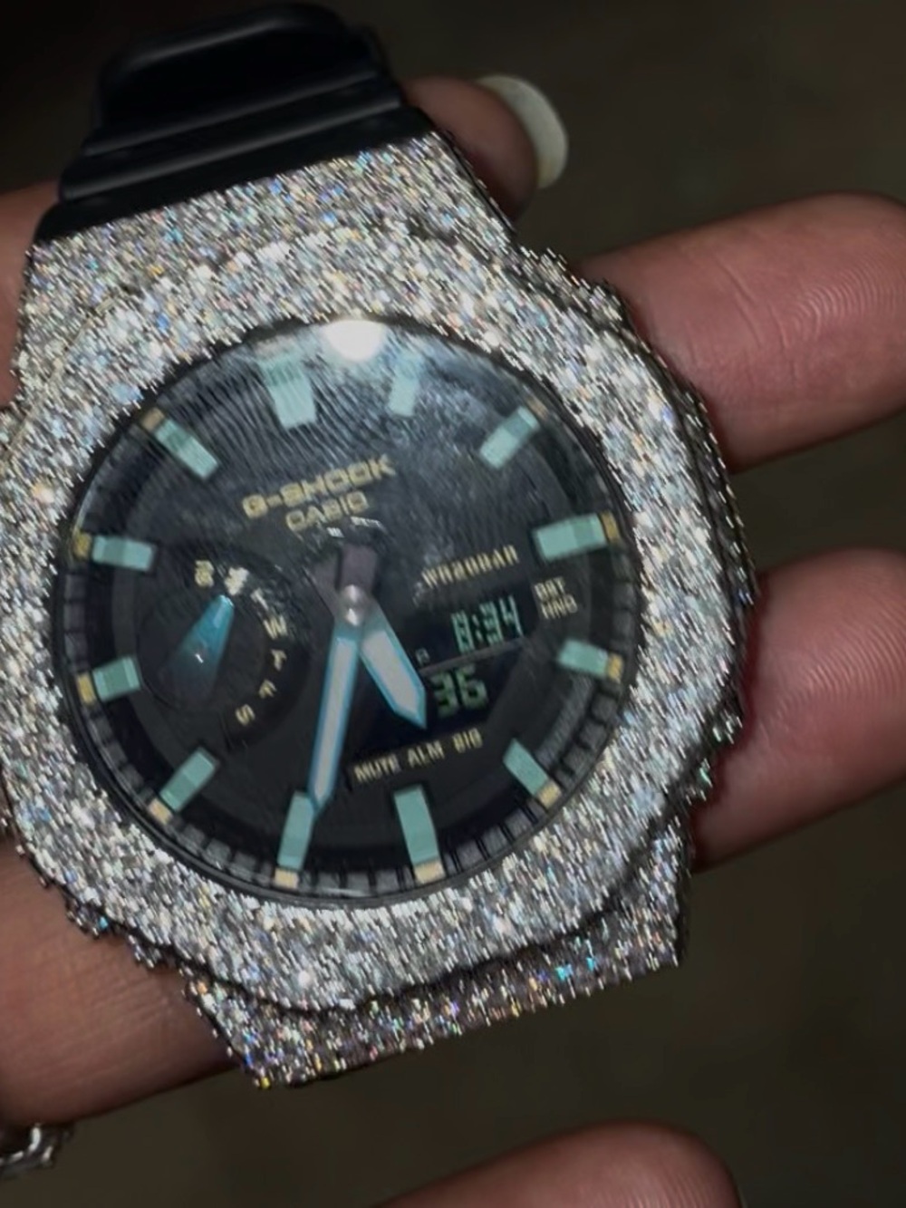 G-Shock Black Dial Watch with Silver Crystal Encrusted Case